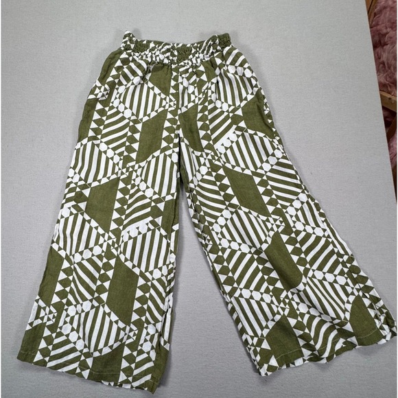 Anthropologie Somerset 100% Linen Wide Leg Geometric Print Pants Green Small
